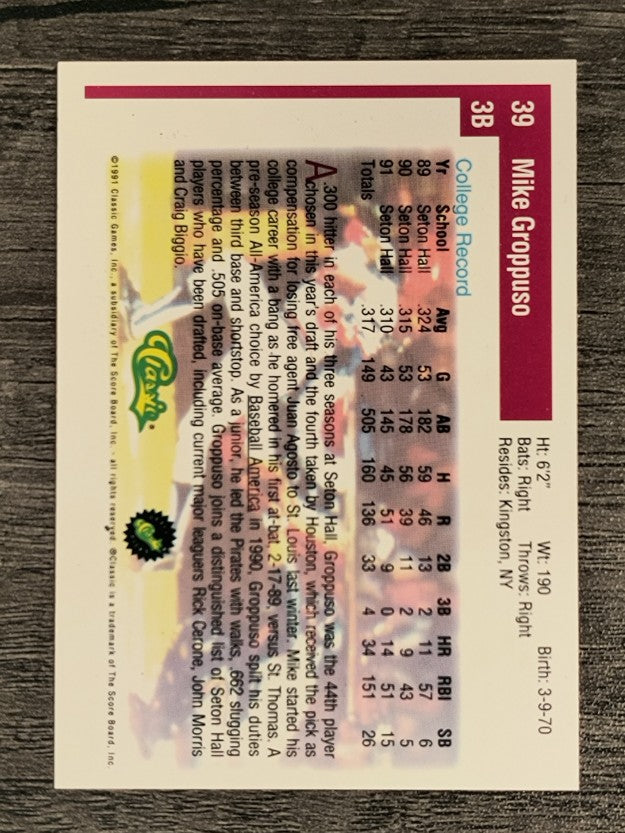 1991 Classic Draft Picks #39 Mike Groppuso