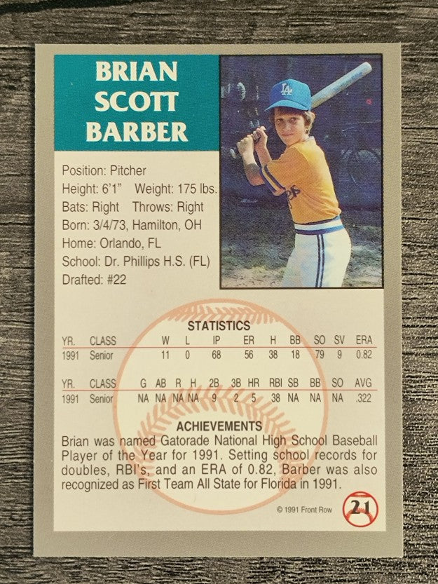 1991 Front Row Draft Picks #21 Brian Barber