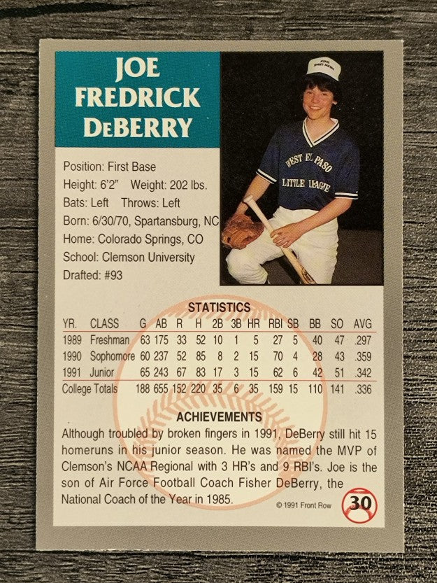 1991 Front Row Draft Picks #30 Joe DeBerry
