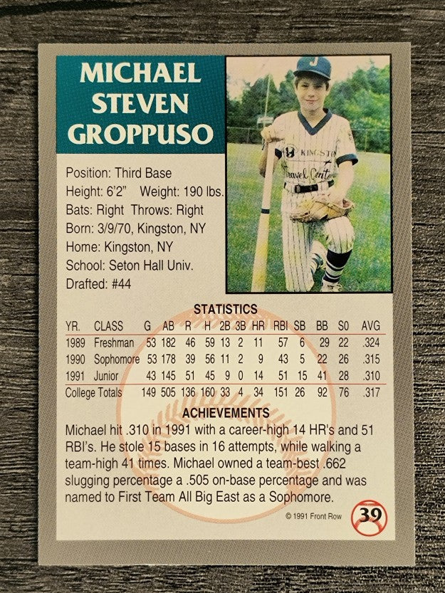 1991 Front Row Draft Picks #39 Mike Groppuso