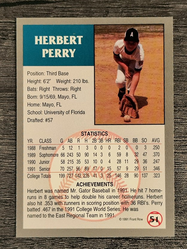 1991 Front Row Draft Picks #51 Herbert Perry