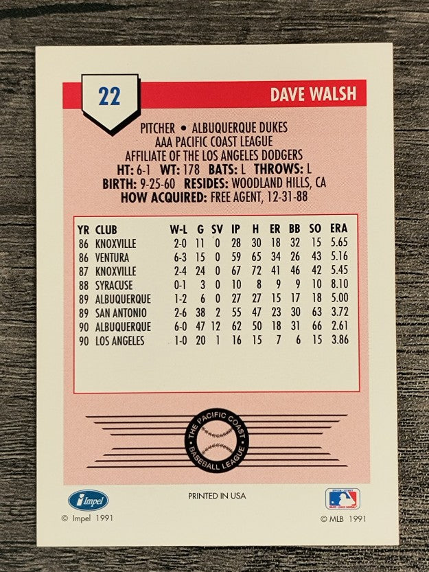 1991 Line Drive AAA #22 Dave Walsh