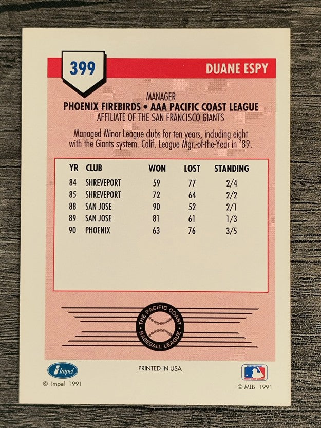 1991 Line Drive AAA #399 Duane Espy MG