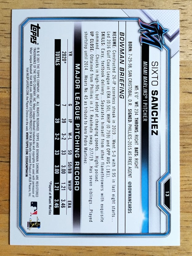 2021 Bowman #13 Sixto Sanchez RC
