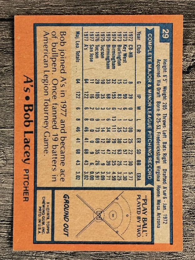 1978 Topps #29 Bob Lacey RC (EXMT)