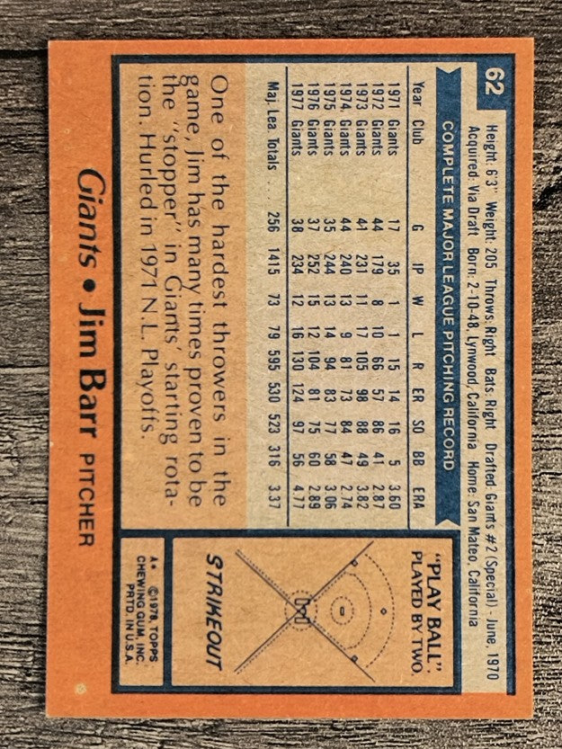 1978 Topps #62 Jim Barr (VGEX)