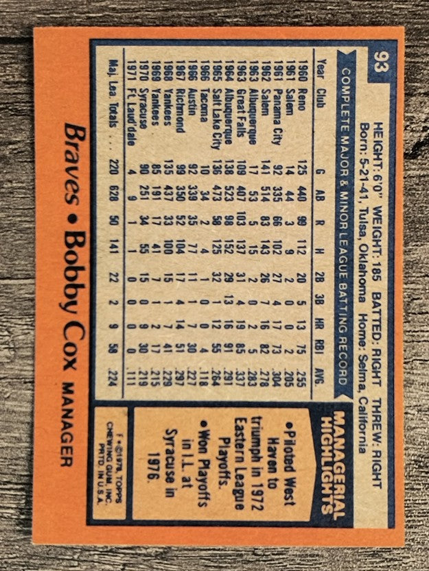 1978 Topps #93 Bobby Cox (NMMT)