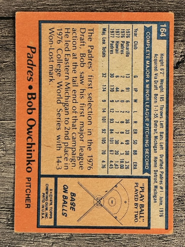 1978 Topps #164 Bob Owchinko RC (VGEX)