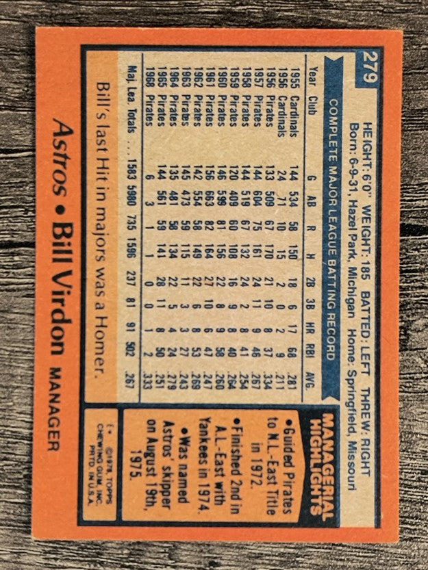 1978 Topps #279 Bill Virdon MG (EXMT)