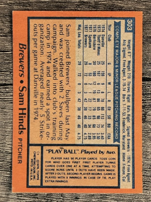 1978 Topps #303 Sam Hinds RC (EX)