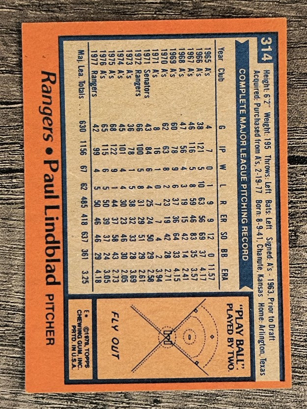 1978 Topps #314 Paul Lindblad (NM)
