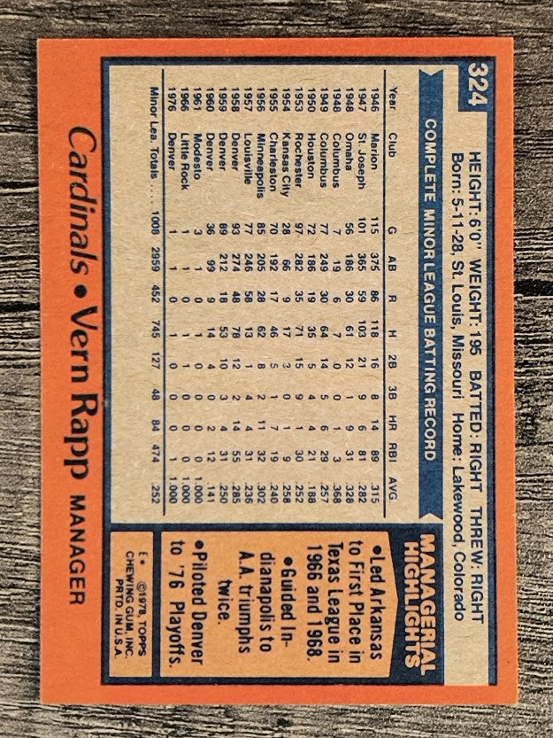 1978 Topps #324 Vern Rapp MG RC (NM)