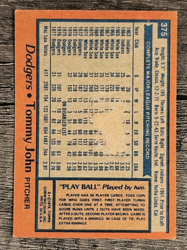 1978 Topps #375 Tommy John (POOR)