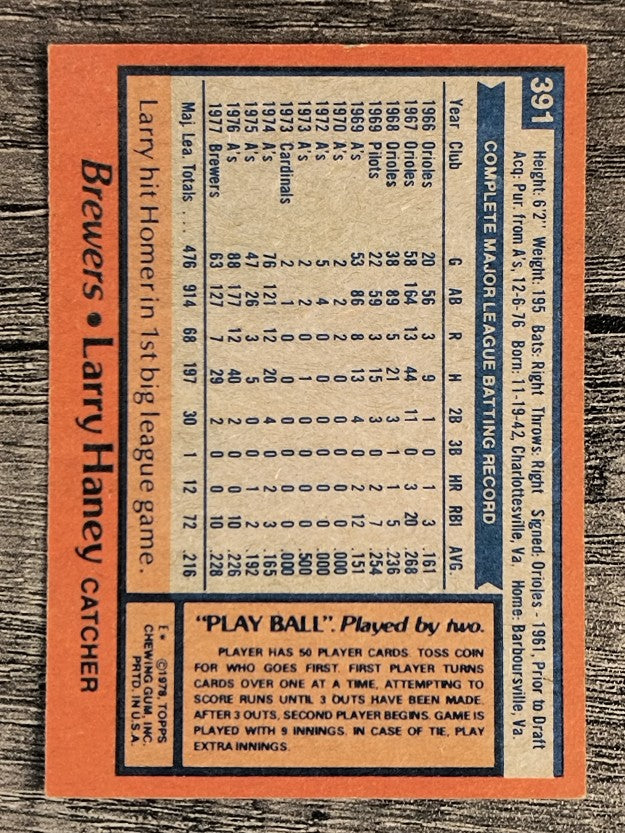 1978 Topps #391 Larry Haney (EX)