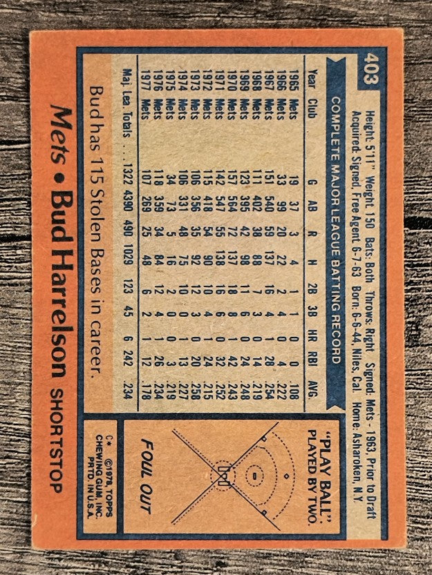 1978 Topps #403 Bud Harrelson (VGEX)