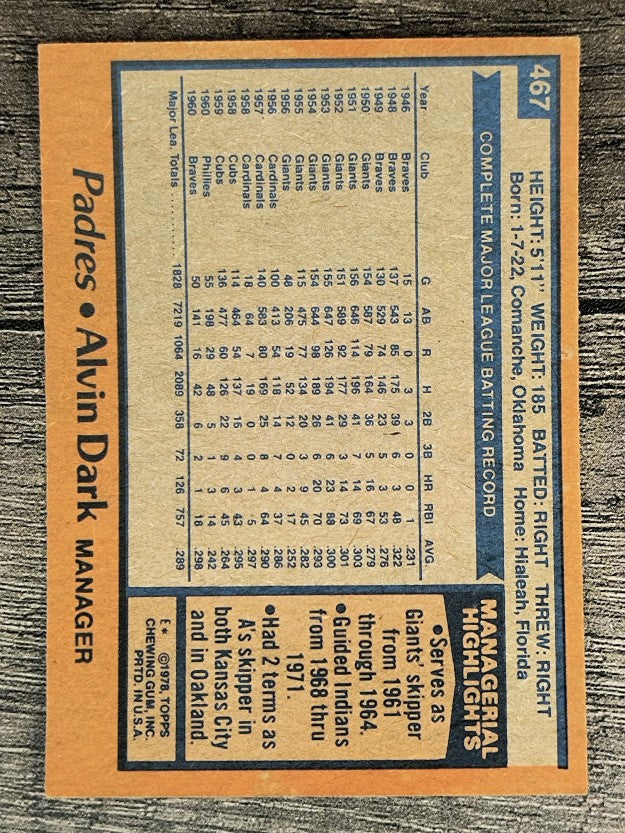 1978 Topps #467 Alvin Dark MG (EXMT)