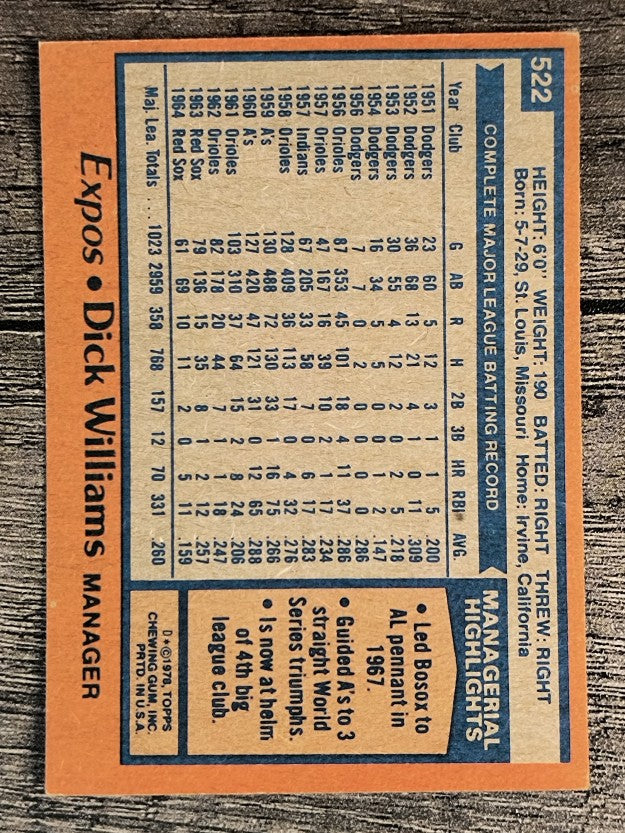 1978 Topps #522 Dick Williams MG (EXMT)