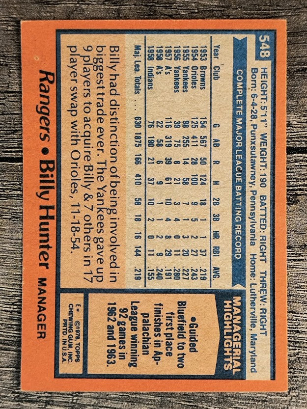 1978 Topps #548 Billy Hunter MG (EXMT)