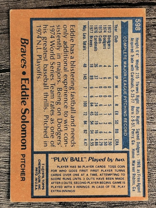 1978 Topps #598 Eddie Solomon (VGEX)