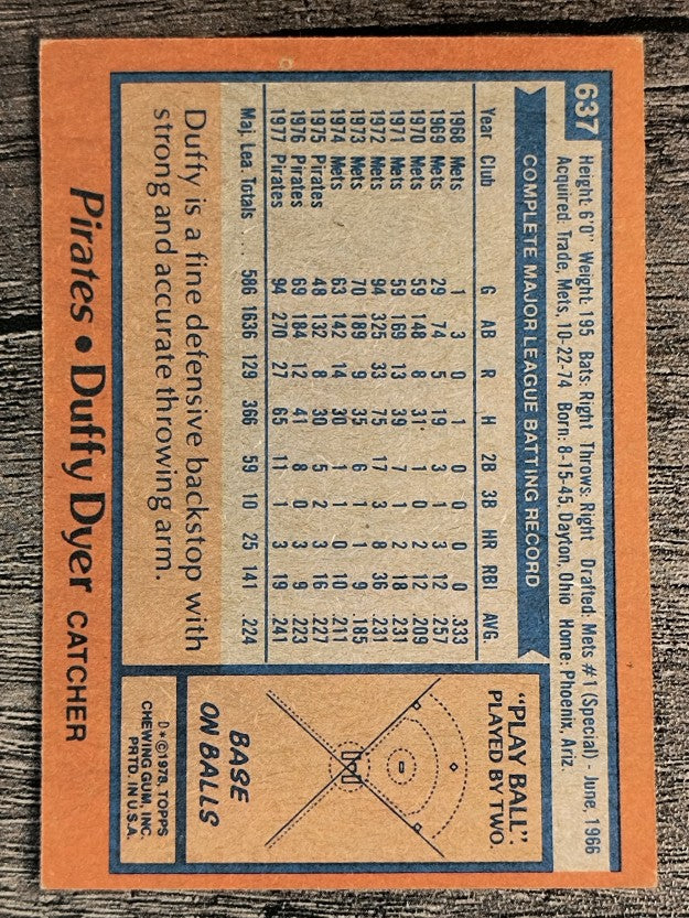 1978 Topps #637 Duffy Dyer (VGEX)
