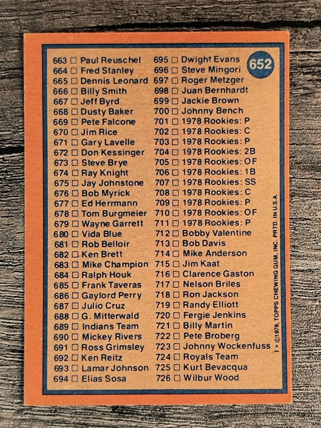 1978 Topps #652 Checklist 606-726 (VGEX)