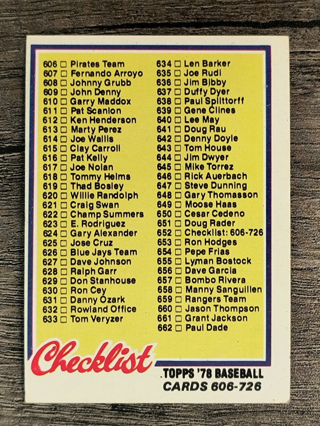 1978 Topps #652 Checklist 606-726 (VGEX)
