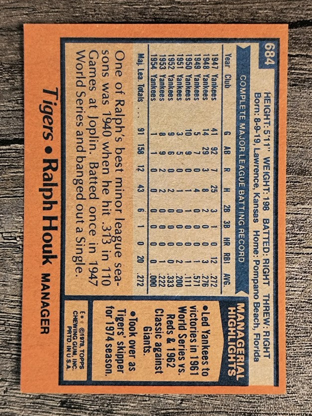 1978 Topps #684 Ralph Houk MG (NM)