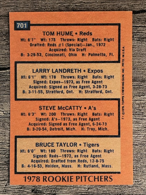 1978 Topps #701 Tom Hume/Larry Landreth/Steve McCatty/Bruce Taylor RC (EXMT)