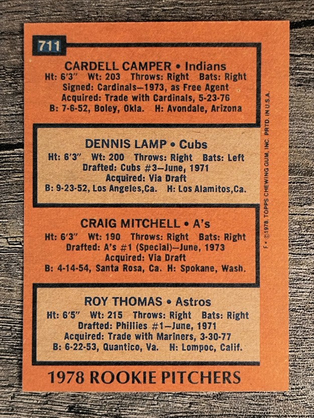 1978 Topps #711 Cardell Camper/Dennis Lamp/Craig Mitchell/Roy Thomas RC (EXMT)