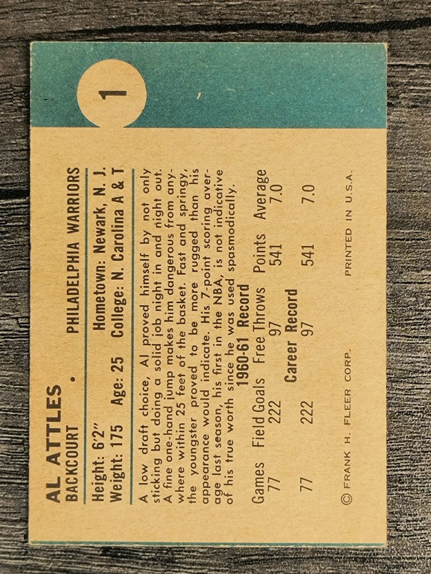 1961-62 Fleer #1 Al Attles RC (VGEX)
