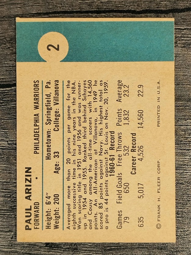 1961-62 Fleer #2 Paul Arizin (VGEX)