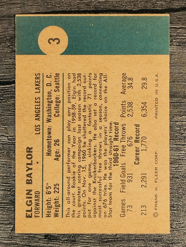 1961-62 Fleer #3 Elgin Baylor RC (VG)