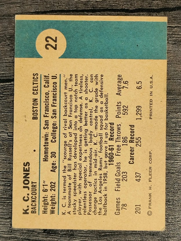 1961-62 Fleer #22 K.C. Jones RC (VGEX)