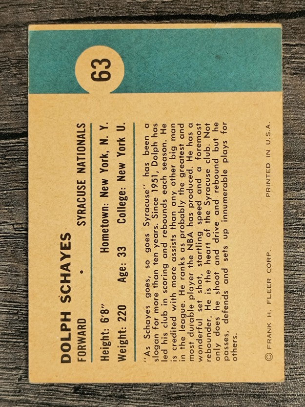 1961-62 Fleer #63 Dolph Schayes IA (VGEX)
