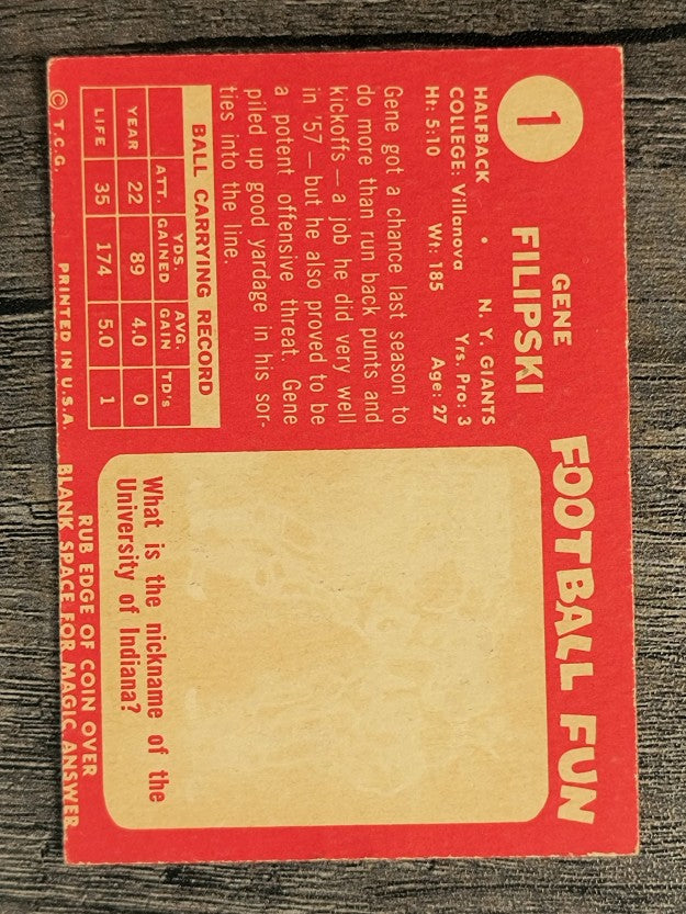 1958 Topps #1 Gene Filipski RC (VG)