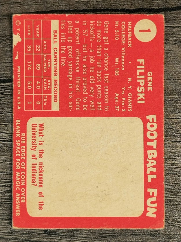 1958 Topps #1 Gene Filipski RC (GOOD)