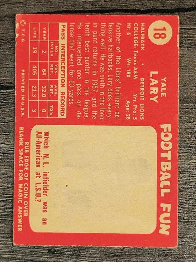 1958 Topps #18 Yale Lary (VGEX)
