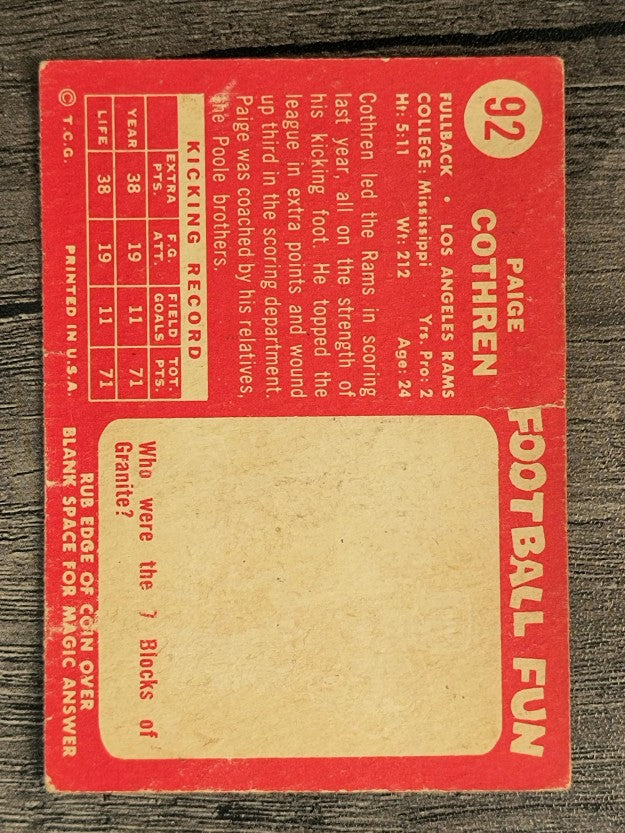 1958 Topps #92 Paige Cothren RC (POOR)