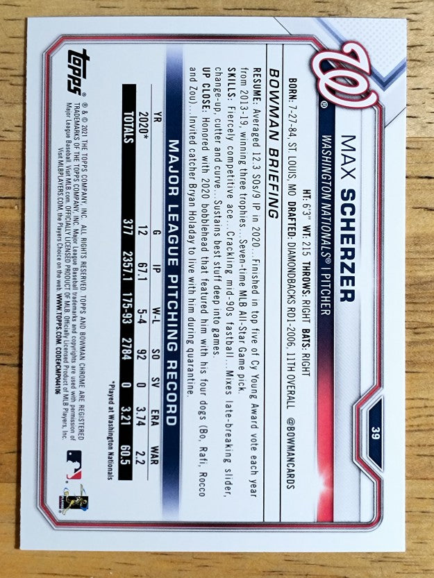 2021 Bowman #39 Max Scherzer