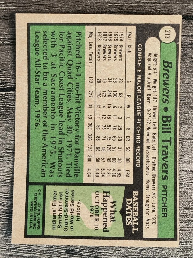 1979 Topps #213 Bill Travers (EX)