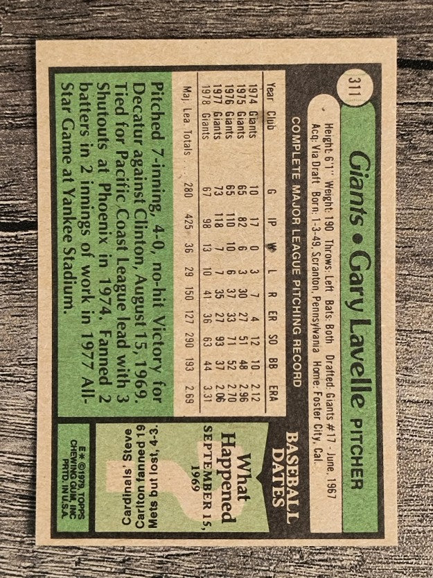 1979 Topps #311 Gary Lavelle (EX)
