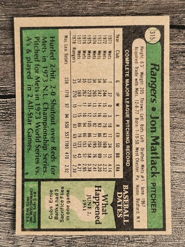 1979 Topps #315 Jon Matlack (EXMT)