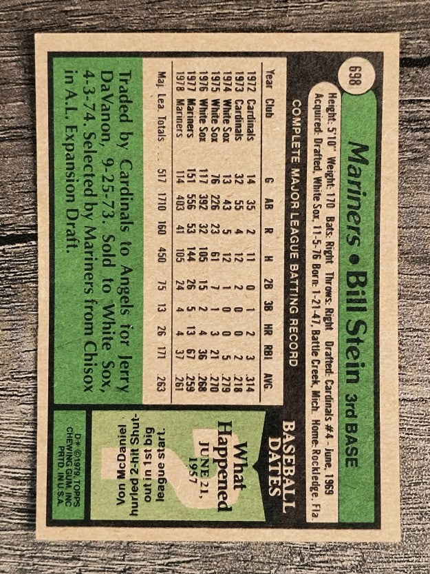 1979 Topps #698 Bill Stein (VGEX)