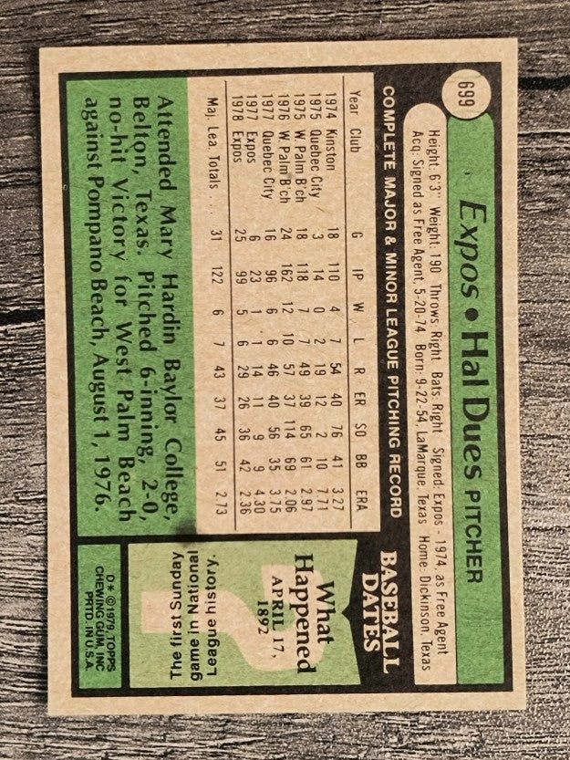 1979 Topps #699 Hal Dues RC (EXMT)