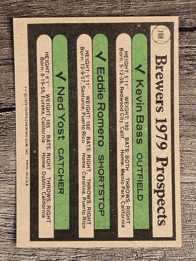 1979 Topps #708 Kevin Bass RC/Eddie Romero RC/Ned Yost RC (VG)