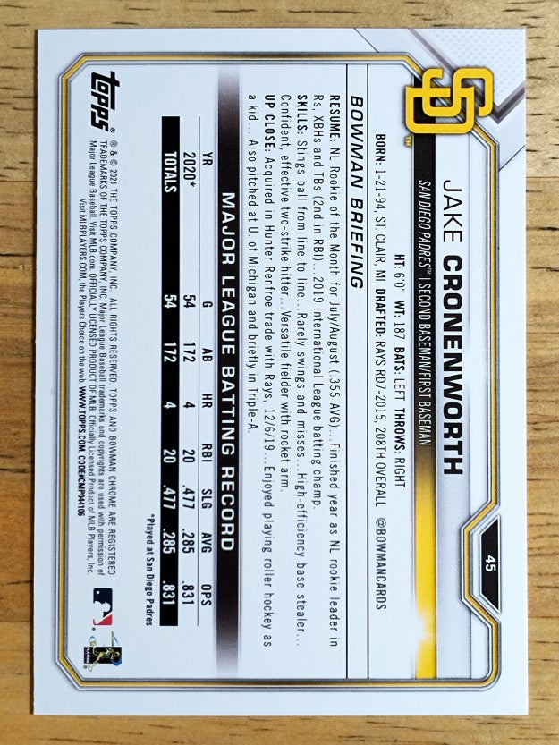 2021 Bowman #45 Jake Cronenworth RC