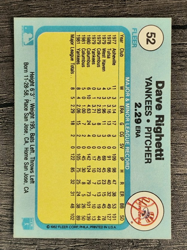 1982 Fleer #52 Dave Righetti RC