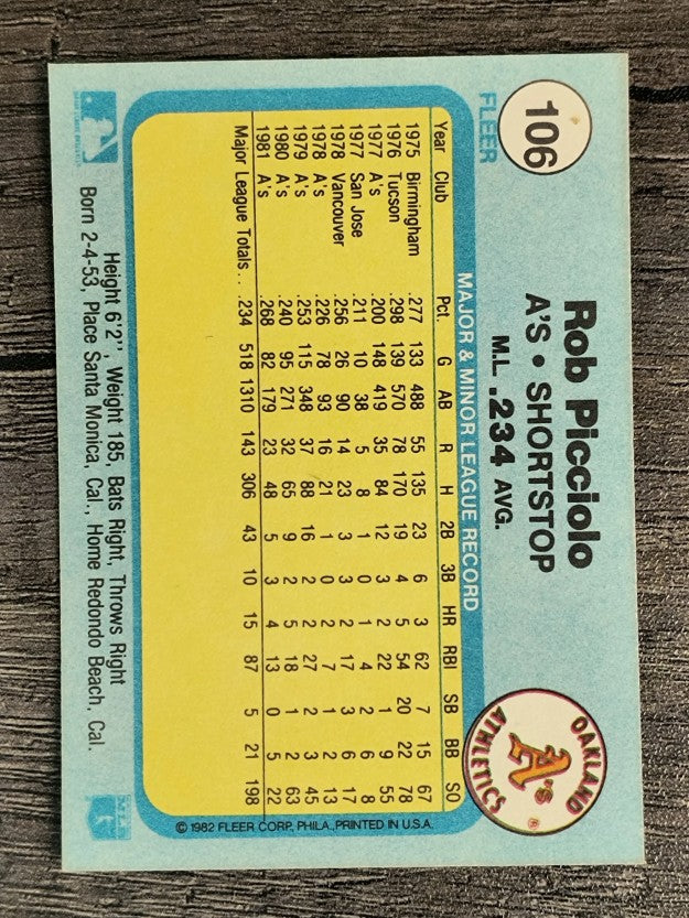 1982 Fleer #106 Rob Picciolo