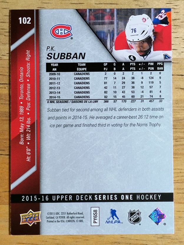 2015-16 Upper Deck #102 P.K. Subban