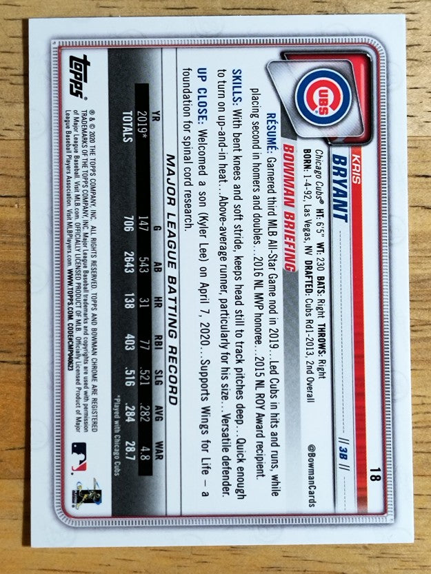2020 Bowman Chrome #18 Kris Bryant